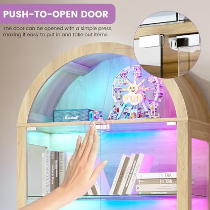 Gurexl 5-Tier Arched Glass Display Cabinet, Motion Sensor RGB LED Showcase with Music Sync Light & Adjustable Shelves, Tempered Glass Curio Cabinet for Action Figures Trophies Collectibles, Wood - color: Wood-80008a