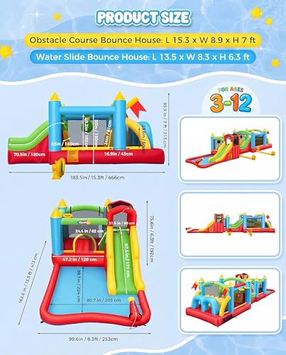 Whubefy Giant 29FT Bounce House Water Slide for Kids 3-12, Huge Sectional Obstacle Course Bouncy Castle with Slides/Tunnels/Climbing Walls/Jumping Area/Obstacles/Splash Pool/Basketball Hoops/Dartboard - style: 550+370W Blower