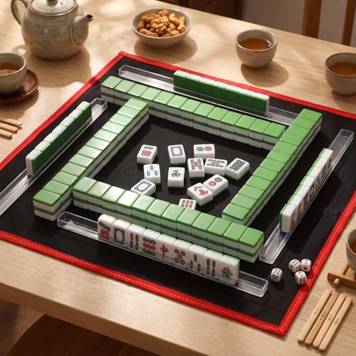Professional Traditional Chinese Mahjong Set, 30 mm 146 Sturdy Plastic Tiles with Dice, Wind Indicator & Green Felt Case for Authentic Hong Kong Mahjong Gameplay