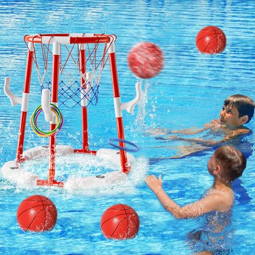 Pool Basketball Hoop Toys for Kids Ages 4-8 8-12 & Adult, Summer Outdoor Swimming Pool Games Water Play Toys Family Party for Kids, 2 in1 Pool Basketball Hoop & Ring Game with 4 Balls 12 Rings & Pump - style: 2-in-1 Pool Basketball Hoop（Red）
