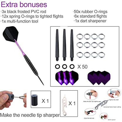 Darts Metal Tip Set - 3 Pack Professional 22 Grams Steel Tip Darts with Slim Case Black Purple Blue Aluminum Shafts 9 Flights 50 Rubber O'Rings 1 Dart Sharpener 12 Spring Rings - color: 22 Grams - purple