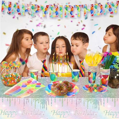 Kesfey 3 Packs Rainbow Birthday Plastic Tablecloths 54×108 Inch Silver Rainbow Tie Dye Party Table Cloth Disposable Waterproof Pastel Silver Sprinkle Glitter Table Cover for Birthdays Party - color: Rainbow Birthday
