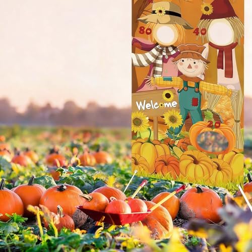 Happy Thanksgiving Toss Game Banner with 3 Bean Bags Scarecrow Bean Bag Toss Games Thanksgiving Game Decoration Thanksgiving Turkey Harvest Party Games for Adult Party Supplies