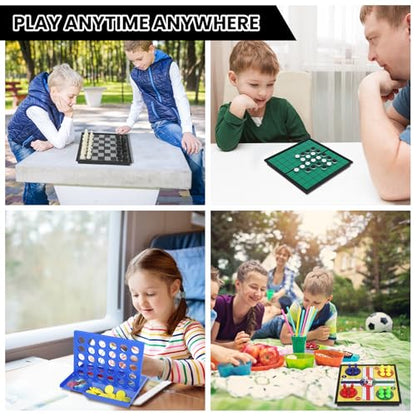 5 in 1 Mini Travel Games Set with 4 Foldable Chess Boards and 5 Sets of Chess Pieces - Magnetic Checkers, Chess,Ludo, Reversi, 4 in a Row Game & Storage Bag, Mini Games for Road Trip, Camping,Party