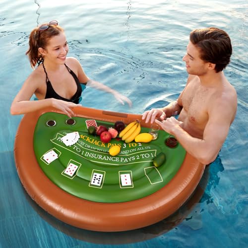 Cunhill Floating Game Table for Pool, 60" x 40" Inflatable Blackjack Game Table Raft with 4 Cup Holders Floating Tray for Adults Swimming Pool Outdoor Summer Beach Party