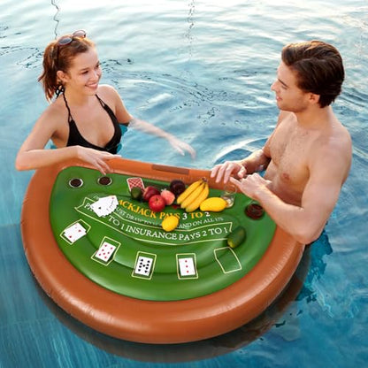 Cunhill Floating Game Table for Pool, 60" x 40" Inflatable Blackjack Game Table Raft with 4 Cup Holders Floating Tray for Adults Swimming Pool Outdoor Summer Beach Party