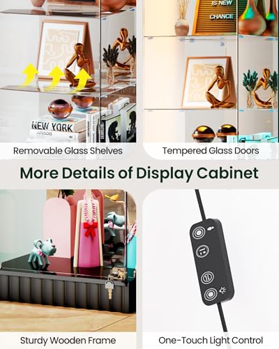 Lvifur Curio Display Cabinet - with Glass Door,5-Tier Glass Display Case with RGB Motion Sensor Light, Lockable Figure Display Case with Removable Glass Shelf for Collectibles,Black - color: Black-rgb Light