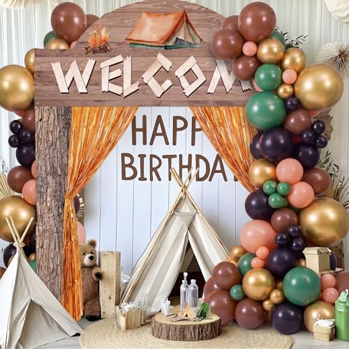 Peryiter 115 pcs Camping Party Decorations Set Wood Grain Welcome Backdrop Banner Foil Fringe Curtain Balloon Arch Kit Outdoor Camping Themed Supplies for Birthday Campfire Party - style: Camping