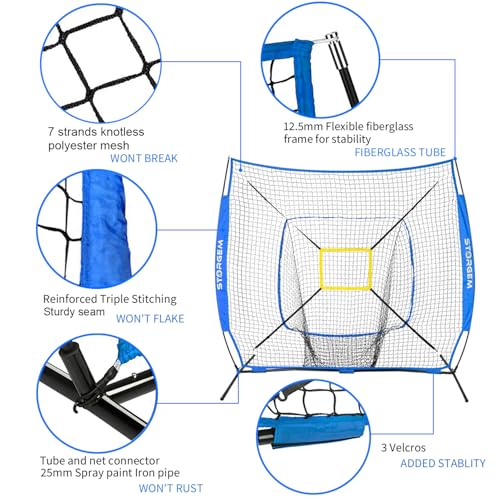 Storgem Baseball and Softball Practice Net 7×7ft Portable Hitting Pitching Batting Training Net Baseball Backstop Net with Batting Tee and Strike Zone and Bow Frame - color: Blue