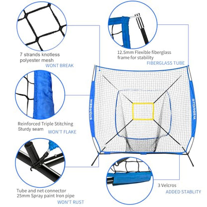 Storgem Baseball and Softball Practice Net 7×7ft Portable Hitting Pitching Batting Training Net Baseball Backstop Net with Batting Tee and Strike Zone and Bow Frame - color: Blue