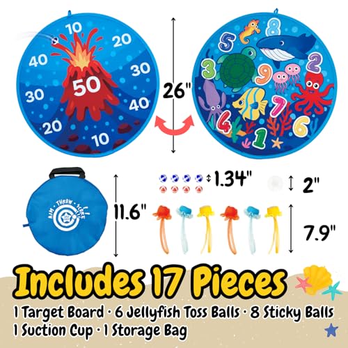 Grip Kids Ocean & Volcano Theme Double-Sided Dartboard Target Game – 26" Large Dart Board with Sticky Balls & Jellyfish Toss Balls, Indoor/Outdoor Fun Party Game Toy for Kids Ages 3–12