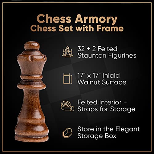 Chess Armory Wooden Chess Set – 17-Inch Large Chess Board with Felted Storage Box, Extra Queens & Handcrafted Staunton Pieces