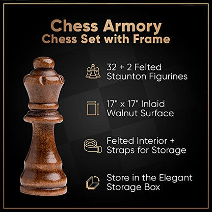 Chess Armory Wooden Chess Set – 17-Inch Large Chess Board with Felted Storage Box, Extra Queens & Handcrafted Staunton Pieces