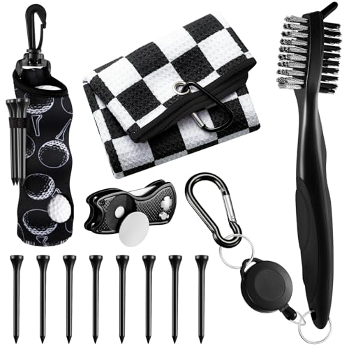 Liliful 12 Pcs Golf Accessories Kit, Include Golf Ball Bag with Hook Towel Tees Magnetic Ball Marker Divot Tool Cleaner Brush for Women Man Gifts - color: Black, style: Checkered