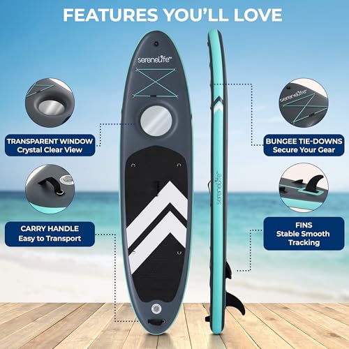 SereneLife 10’6” Inflatable Stand Up Paddle Board with Premium SUP Accessories - 32” Wide Stable Design with Non-Slip EVA Deck Pad, for Youth and Adults, 350 lbs. Capacity - color: Window - Grey