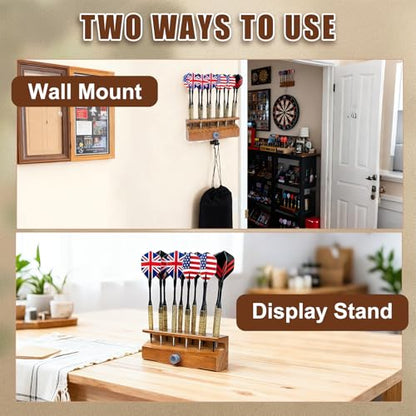 Extguds Wooden 2 In 1 Dart Holder,Can Hold 12 Steel or Soft Tip Darts Dispaly,Wall Mount or Tabletop Display,Including Holer+Hook+Wrench+Sharpener+Portable Bag,Perfect for Displaying Your Darts