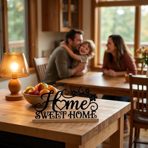 Home Sweet Home Sign Table Decor Black Sweet Home Metal Table Sign with Wooden Base Farmhouse Tabletop Centerpiece Black Tiered Tray Decor for Home Mantel Shelf Desk Housewarming Gift - style: Home Sweet Home