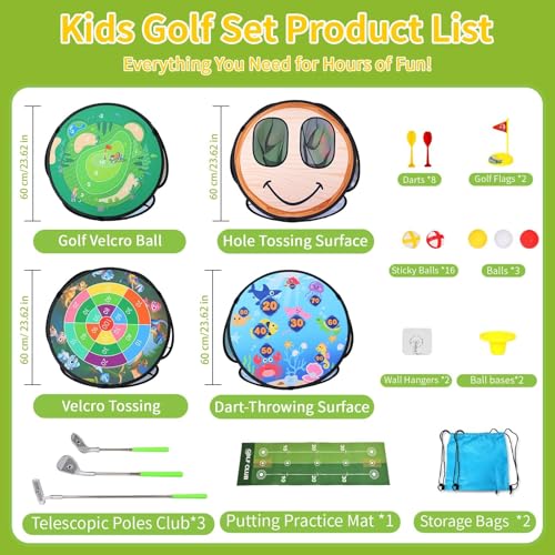 AOSITE Toddler Golf Set, 5 in 1 Kids Golf Set with 3 Golf Clubs, Putting Mat, 4-Sided Chipping Net, Golf Sport for Kid, Indoor Outdoor Kids Sticky Backyard Golf Games Toys Activitie Birthday Gift 3+
