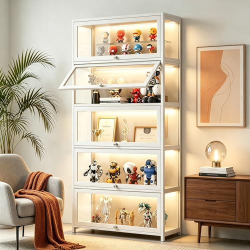 Display Cabinet with Flip-up Doors, 67.7" Tall 5-Tier Curio Cabinet for Collectibles Toy Organizers Rack & Display Case, Kids Bookcase for Reading Corner,Playroom,Bedroom,Living Room,Study - color: White