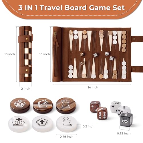 Woodronic 3 in 1 Chess Checkers Backgammon Set, Roll-up Leather Travel Chess Board Game, Portable Travel Backgammon Game Set for Adult, Travel Checkers Game with 32 Amber Pearl Pieces and 5 Dices - color: Espresso