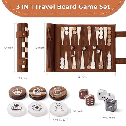 Woodronic 3 in 1 Chess Checkers Backgammon Set, Roll-up Leather Travel Chess Board Game, Portable Travel Backgammon Game Set for Adult, Travel Checkers Game with 32 Amber Pearl Pieces and 5 Dices - color: Espresso