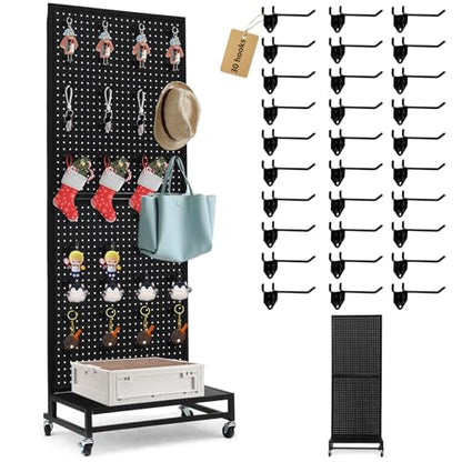 Eastern Tree Metal Pegboard Display Stand 2'x 5'with Base Plate, Pegboard Panels Display with Wheels, Peg Board Display Rack, Standing Pegboard Display with 30 Hooks - Black - color: Black
