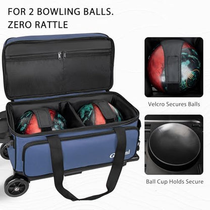 Goloni Double Roller 2 Ball Bowling Bag with Separate Shoe Compartment,2 Ball Bowling Bag with Wheels,Retractable Handle Extends to 40" - color: Blue