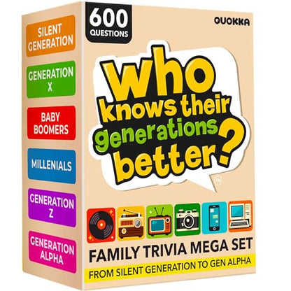 QUOKKA Generation Trivia Game – Generations Challenge Card Set with 600 Questions for Ages 10+ – Travel Game for Family Night, Parties – Trivia Cards for Adults, Teens and Kids