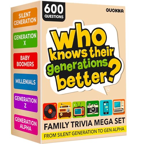 QUOKKA Generation Trivia Game – Generations Challenge Card Set with 600 Questions for Ages 10+ – Travel Game for Family Night, Parties – Trivia Cards for Adults, Teens and Kids