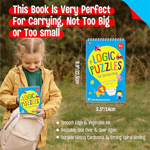 SpriteGru Logic Puzzles Game Pad, 30 Reusable & Erasable Logical Thinking Games, Dry Erase Brain-Boosting Puzzle Activities Book for Kids, Educational Toy for Road Trip, Airplane & Car Travel - style: Logic Puzzles
