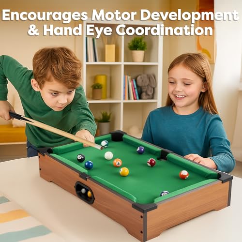 Mini Pool Table - 20-Inch Portable Tabletop Billiards Game with Cue Balls, Sticks, Chalk, Brush, and Triangle Rack - Table Games by Hey Play