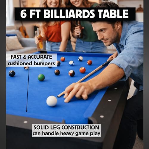 Freetime Fun 6 FT Pool Table, No Assembly, Portable, Includes Billiard Tables Accessories- 2 Pool Cues, Set of Balls, Triangle, Pool Table Brush, Chalk - color: Blue Felt