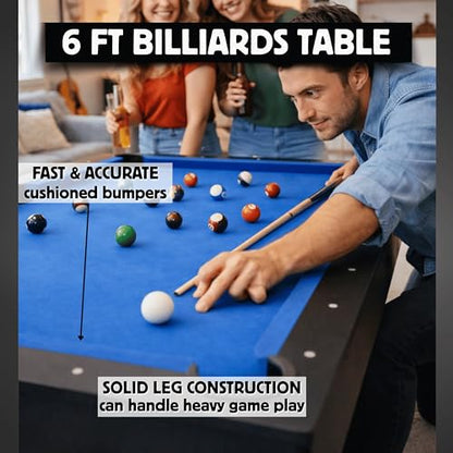 Freetime Fun 6 FT Pool Table, No Assembly, Portable, Includes Billiard Tables Accessories- 2 Pool Cues, Set of Balls, Triangle, Pool Table Brush, Chalk - color: Blue Felt
