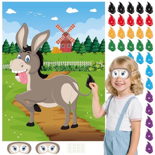 PLULON Pin The Tail on The Donkey Game for Kids with Tail Stickers, Donkey Poster Kids Pin Game Birthday Party Favors Gifts Carnival Home Wall Decorations Classroom Family Activities - style: Donkey