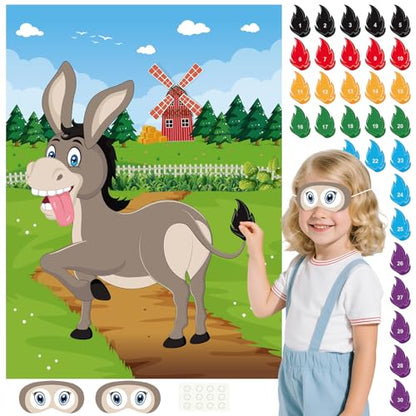 PLULON Pin The Tail on The Donkey Game for Kids with Tail Stickers, Donkey Poster Kids Pin Game Birthday Party Favors Gifts Carnival Home Wall Decorations Classroom Family Activities - style: Donkey