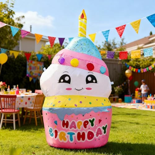 DomKom 4FT Inflatable Cute Birthday Cake Outdoor Decorations with Candles,Build-in LED Lights,for Happy Birthday Party Outdoor,Indoor,Garden Yard Lawn Decor - color: Birthday Cake