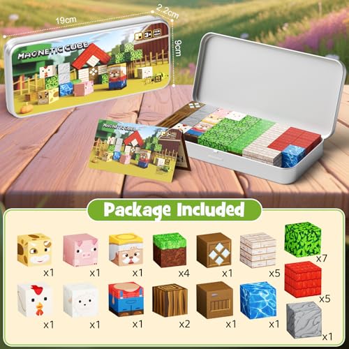 Mini Magnetic Blocks Farm Animals Travel Toys, 35PCS Portable STEM Magnetic Building Cubes with Metal Storage Box for Kids Ages 4-8, Road Trip & Airplane Essentials - style: Farm Animals Magnetic Building Blocks Travel Set Toys - 35PCS