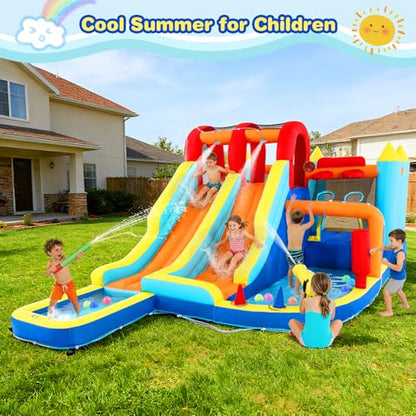 JOYLDIAS Inflatable Water Slide Park, Giant Bounce House with 450W Blower, Climbing Wall, Dual Basketball Hoops & Ring Toss Games - Outdoor Backyard Jumper for Kids Ages 3+ - color: 9 in 1