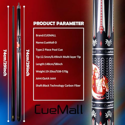 CueMall 58" 2-Piece Billiard Pool Cue Sticks,12.5mm Fiberglass Graphite Composite Billiard Cue Sticks,19oz Pool Sticks Tacos de billar for Adults Men/Women, House or Commercial/Bar Use - color: CueMall-D