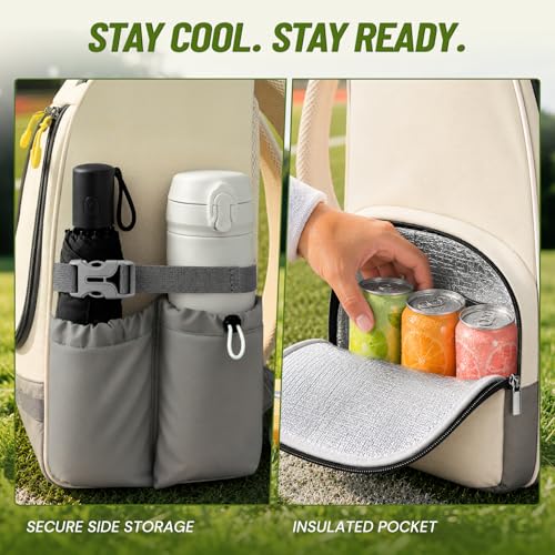Bosynoy Disc Golf Bag with Clear Phone Holder, 20+ Discs Disc Golf Backpack with Insulated Pocket, Cute Beige Sports Backpack for Women Men Beginners