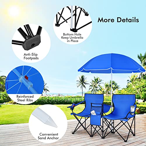 LDAILY LUARANE Folding Double Camping Chair, Outdoor Picnic Chairs w/Removable Umbrella, Mini Table, Cup Holder & Carrying Bag, Portable Camping Loveseat for Patio, Pool, Lawn, Beach, Park (Blue) - color: Blue