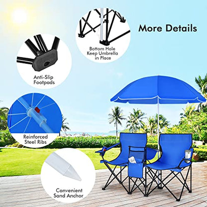 LDAILY LUARANE Folding Double Camping Chair, Outdoor Picnic Chairs w/Removable Umbrella, Mini Table, Cup Holder & Carrying Bag, Portable Camping Loveseat for Patio, Pool, Lawn, Beach, Park (Blue) - color: Blue