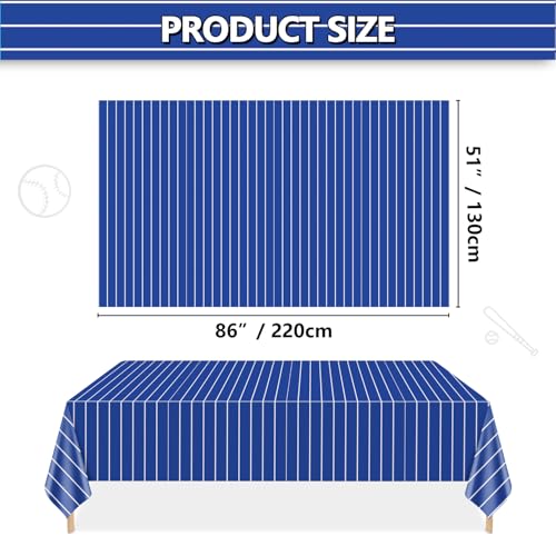 4 Pcs Plastic Baseball Tablecloths, Rectangle Blue Stripe Party Table Cloth for Baseball Game Day Sports Theme Party Supplies, 51 x 86 Inches - color: White on Blue