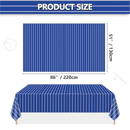4 Pcs Plastic Baseball Tablecloths, Rectangle Blue Stripe Party Table Cloth for Baseball Game Day Sports Theme Party Supplies, 51 x 86 Inches - color: White on Blue