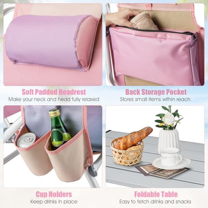 Tangkula Backpack Beach Chair with Table, 5-Position Lay Flat Chairs with Cooler Bag, 2 Cup Holders, Towel Bar, Lightweight Low Folding Chair with Backpack Straps, Pink - color: Pink, style: 2 Pack with Table