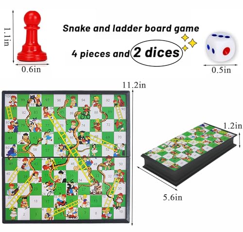 KIDAMI Magnetic Snakes and Ladders Board Game Set, Folding Portable Design, Family Travel Game Set Gift for Kids and Adults (11.2 inch x 11.2 inch)
