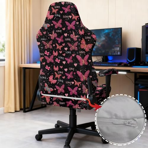 Suobstales Butterfly Heart Love Pattern Gaming Chair Cover, 4pc/Set Office Chair Cover with Armrest/Back Covers/Chair Seat Cover, Stretch Computer Video Game Office Chair Cover Valentine's Day Decor - color: Butterfly Heart Love