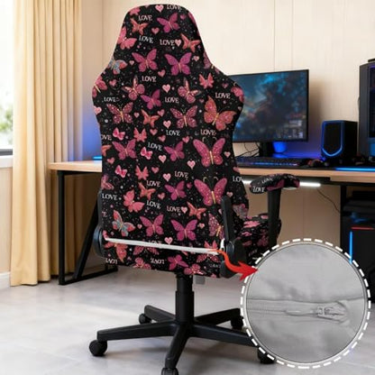 Suobstales Butterfly Heart Love Pattern Gaming Chair Cover, 4pc/Set Office Chair Cover with Armrest/Back Covers/Chair Seat Cover, Stretch Computer Video Game Office Chair Cover Valentine's Day Decor - color: Butterfly Heart Love