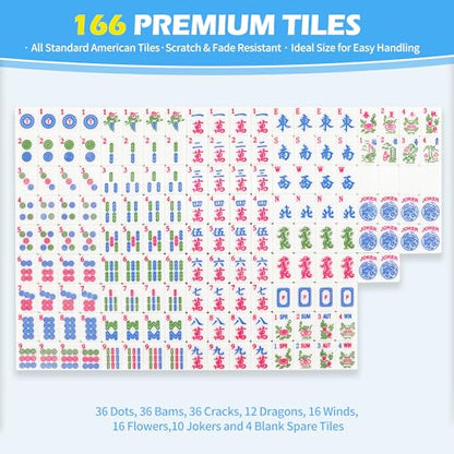 Jolitac American Mahjong Game Set, 166 Premium Tiles, 1.2-inch Mahjong Tile Set with Sturdy Carrying Bag, Thickened Mah-Jongg Tiles Bag Portable Travel Complete Mahjong Set - color: Blue