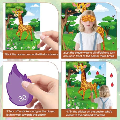 PLULON Pin The Tail on The Giraffe Party Game, Birthday Games Big Giraffe Poster with Tail Stickers for Zoo Animal Party Favors Wall Decorations Birthday Activities Jungle Party Supplies - style: Giraffe